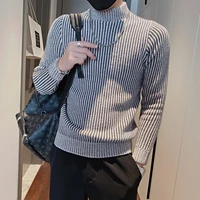 autumn winter vertical stripes mens sweater casual mock neck knitted pullovers slim long sleeve warm knit sweater male clothing
