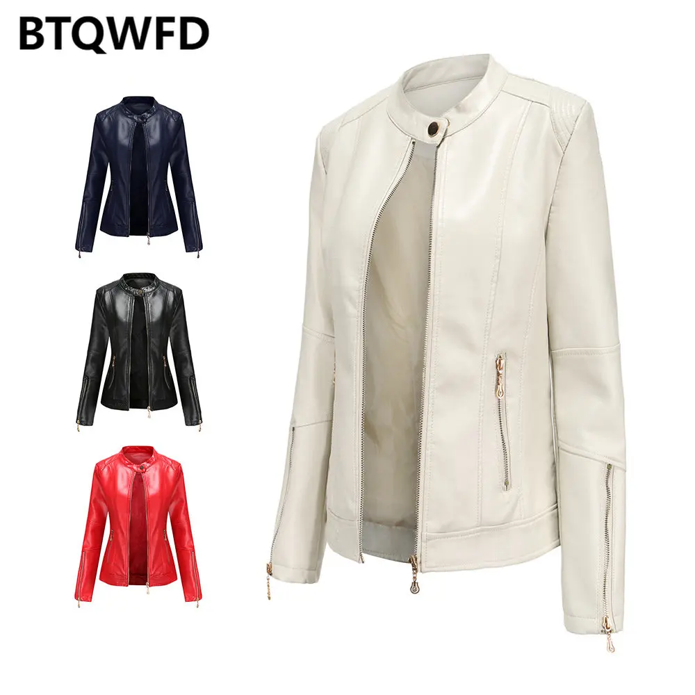 Women's Jackets Spring Autumn Coats Female Clothing 2022 New Long Sleeve Fashion Stand Collar Leather Outwear Motor Biker Tops