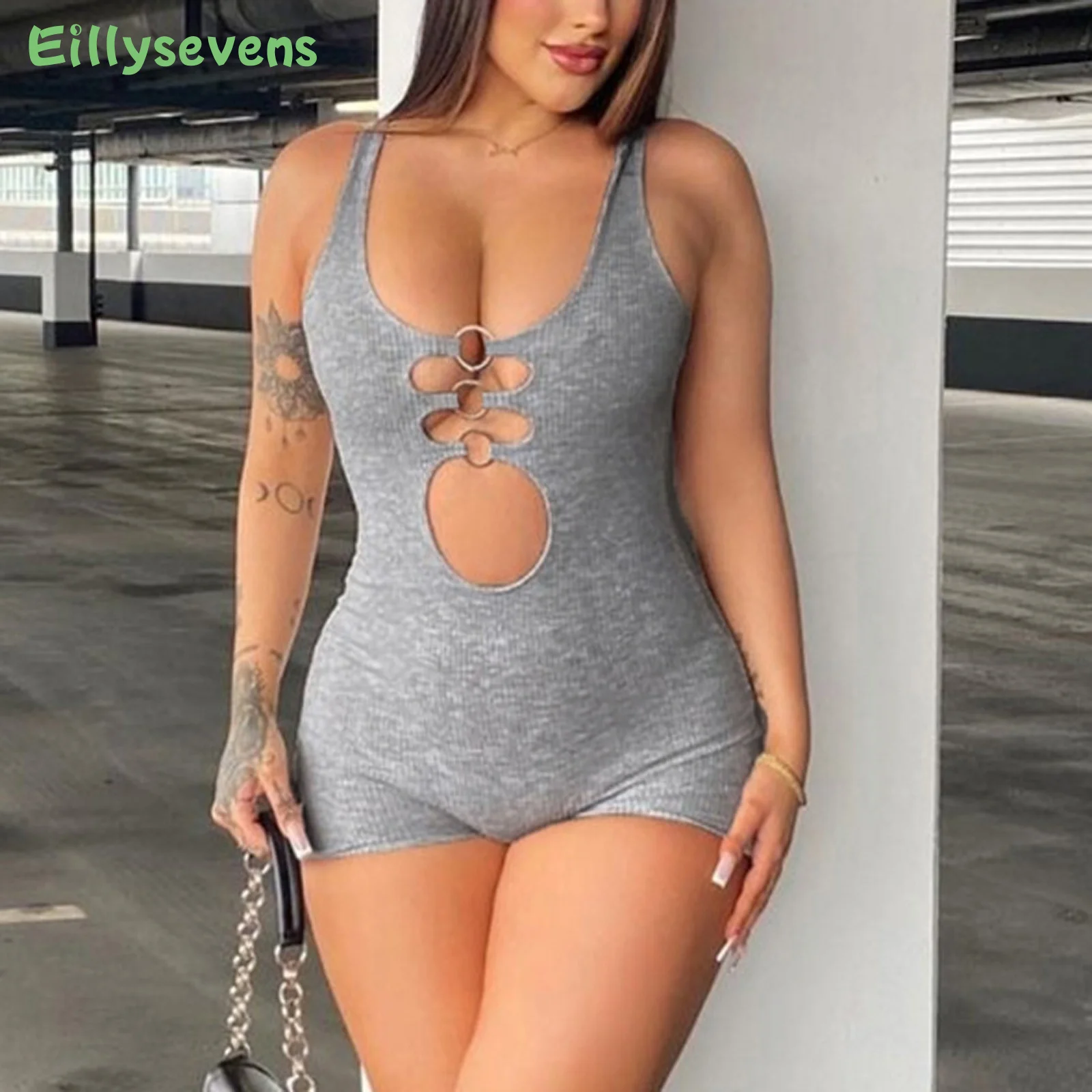 

Женский сексуальный комбинезон на бретелях без рукавов, Летний Новый модный однотонный комбинезон с вырезами, полуночная версия, Клубная одежда