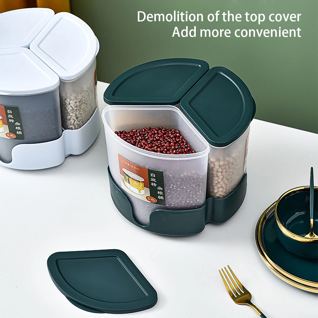 

3-Grid Rotating Grain Dispenser Cereal Bucket Dry Food Oat Storage Box
