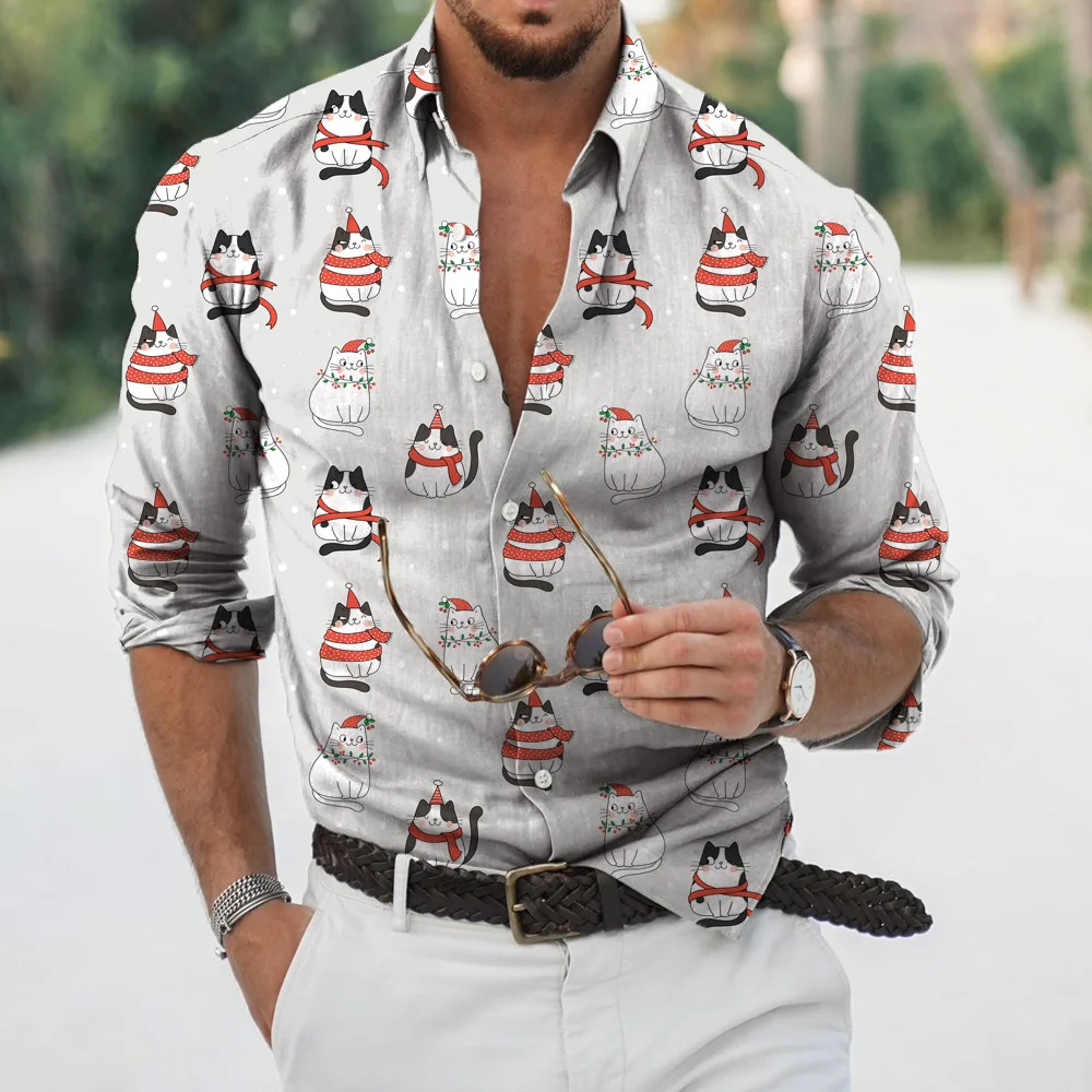 2022 New Men's Long Sleeve Christmas Shirt Banquet Holiday Print Top Fashion Cartoon Men's Long Sleeve Single breasted Shirt