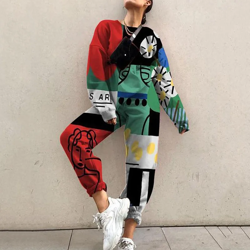 

Women Long Sleeve Sweatshirt Outfits Suit Fashion Print Tracksuit Sportswear Female Casual O Neck Tops Pullover & Sweatpants Set