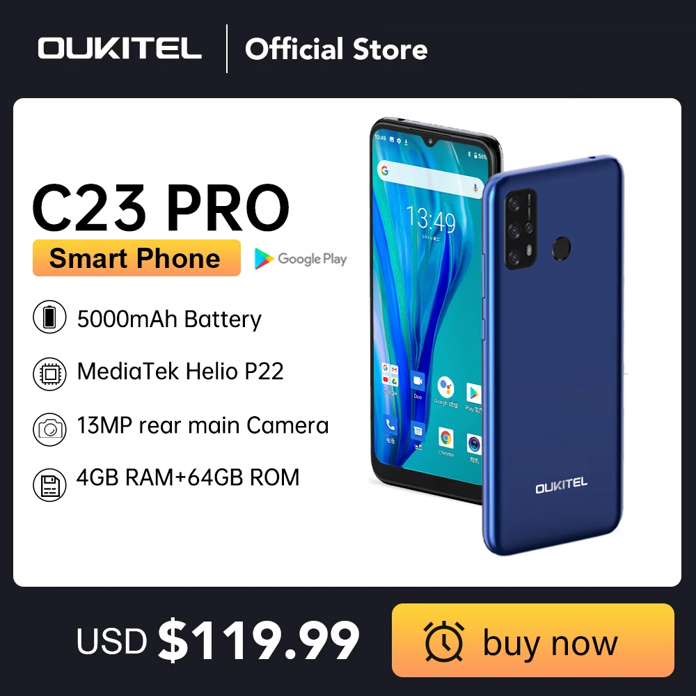 

Oukitel C23 pro 4G LTE Smartphone 4GB+64GB 6.53"+HD 5000mAh MT6762V/WB Android 10.0 Mobile phone 8PM/13PM Camera Cell Phone