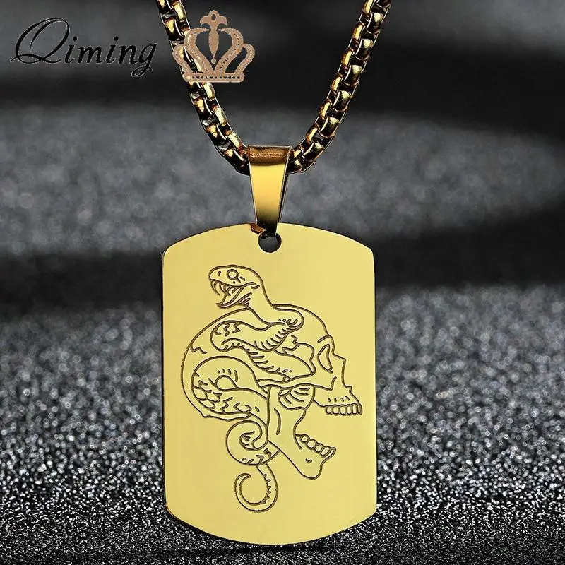 

QIMING Gothic Punk Skull Snake Men Necklace Tag Charm Memento Mori Day Of The Dead Pendant Necklace Stainless Steel Jewelry