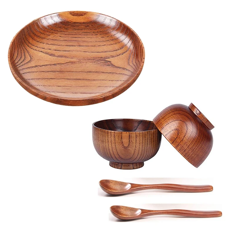 

4 Pcs Wooden Handmade Bowl And Spoon & 1 Pcs Tableware Household Smooth Wooden Bread Dish Tray Retail