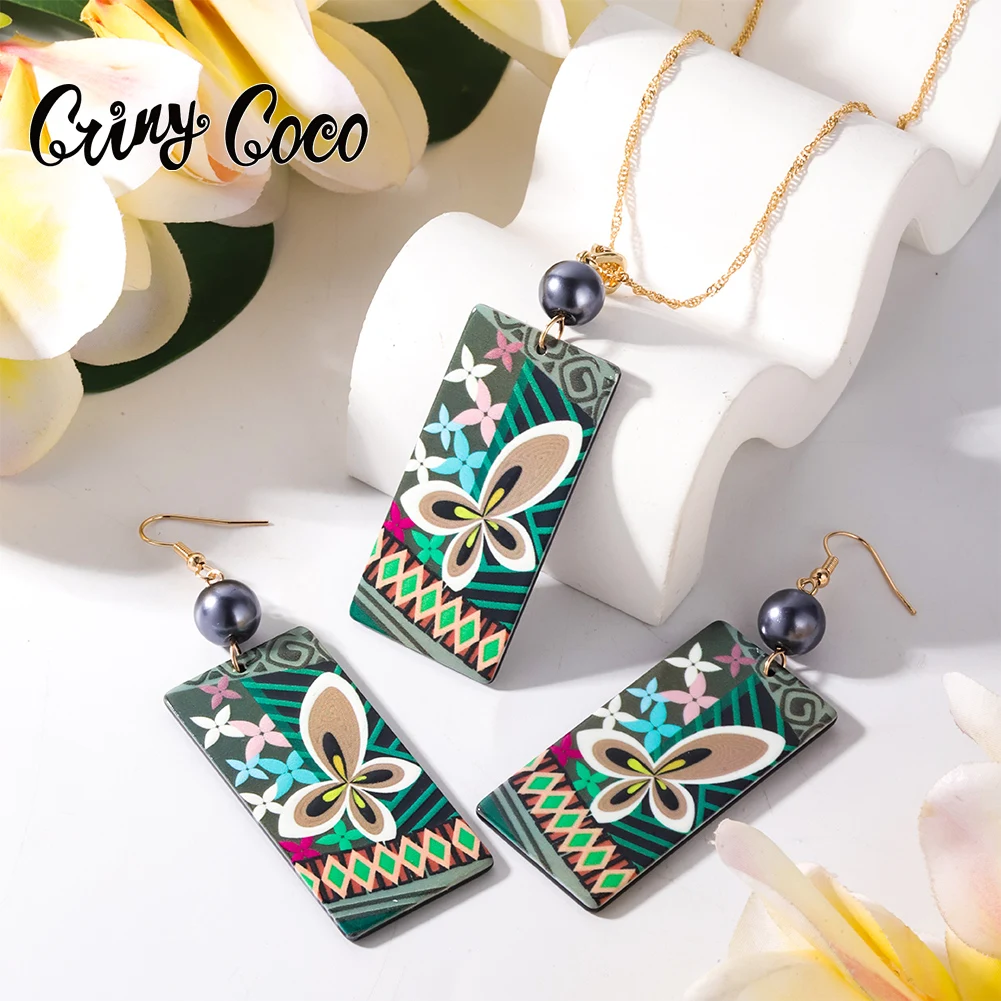 

Cring Coco Hawaiian Samoa Particular Woman Necklace Jewelry Sets Geometric Polynesian Flower Acrylic Necklaces Set for Women
