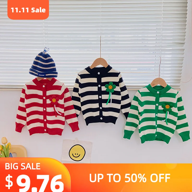 

Children's Striped Knitted Sweater Cardigan Girl Three-Dimensional Flower Sweaters Jacket Kids Round Neck Autumn Winter Clothing