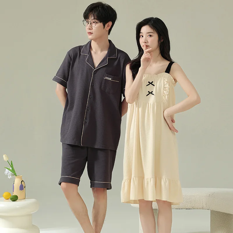 Summer Couple Pajamas Simple Casual Pure Cotton Walf Checks Short Sleeves Skirt Homewear Suit Outerwear Popular Style |