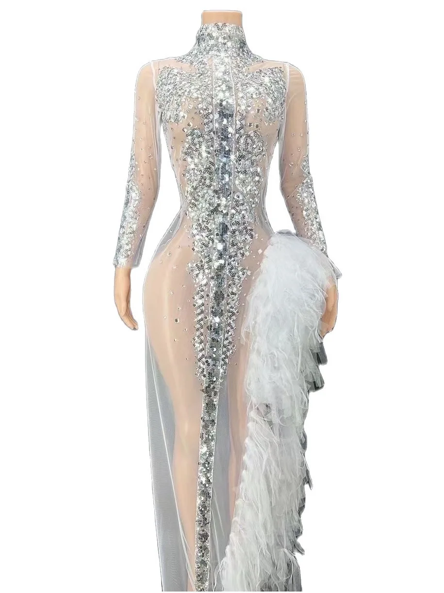 

White Gauze Perspective Shining Rhinestones Sexy High Slit Long Dress For Women Evening Ballroom Clothing Carnival Costumes