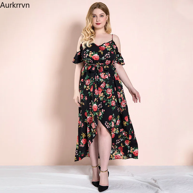 

Plus Size Dresses Chic and Elegant Woman Dress Party Summer Dresses Woman 2022 Boho Floral Cold Shouder Belted Slip Slit Dress