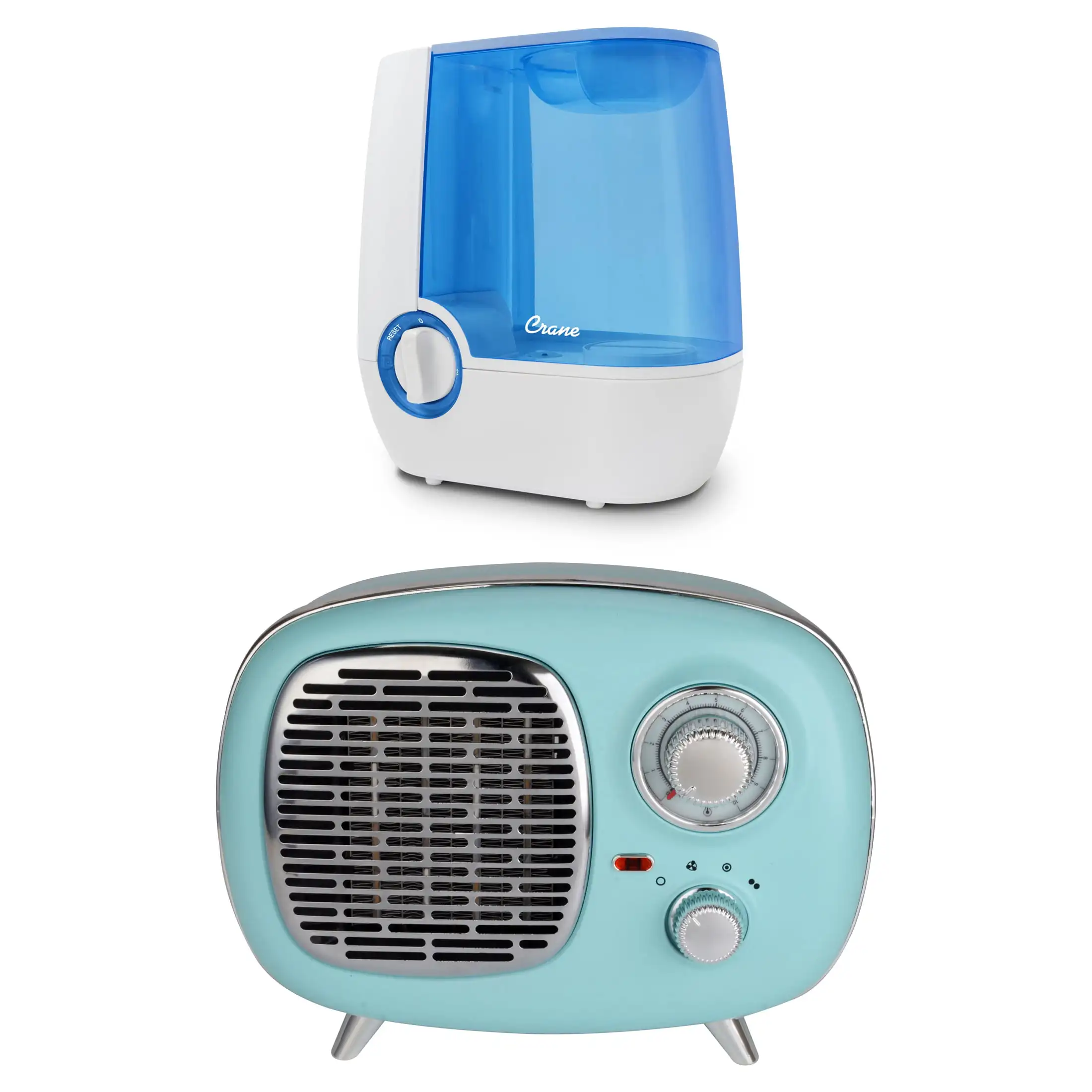 Electric Ceramic Retro Heater 1500W and  USA 1.2 gal. Warm Mist Humidifier, Medicine Cup, 24 Hour Run Time, Blue/White