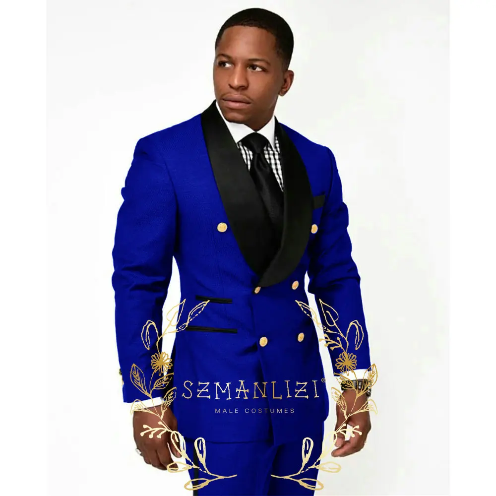 Темно-синие мужские костюмы Slim Fit Groomsman с золотыми пуговицами, двубортный вечерний смокинг, костюмы жениха для мужчин, свадебный утренний блейзер (art.: 3920cec86004f) - 3920cec86004f