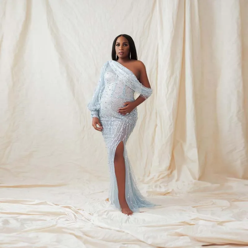 

Sparkle Sky Blue Sequins Sheer Mesh Maternity Dresses Africa Women Sexy One Shoulder Hi Slit Long Illusion Dress For Photo Shoot