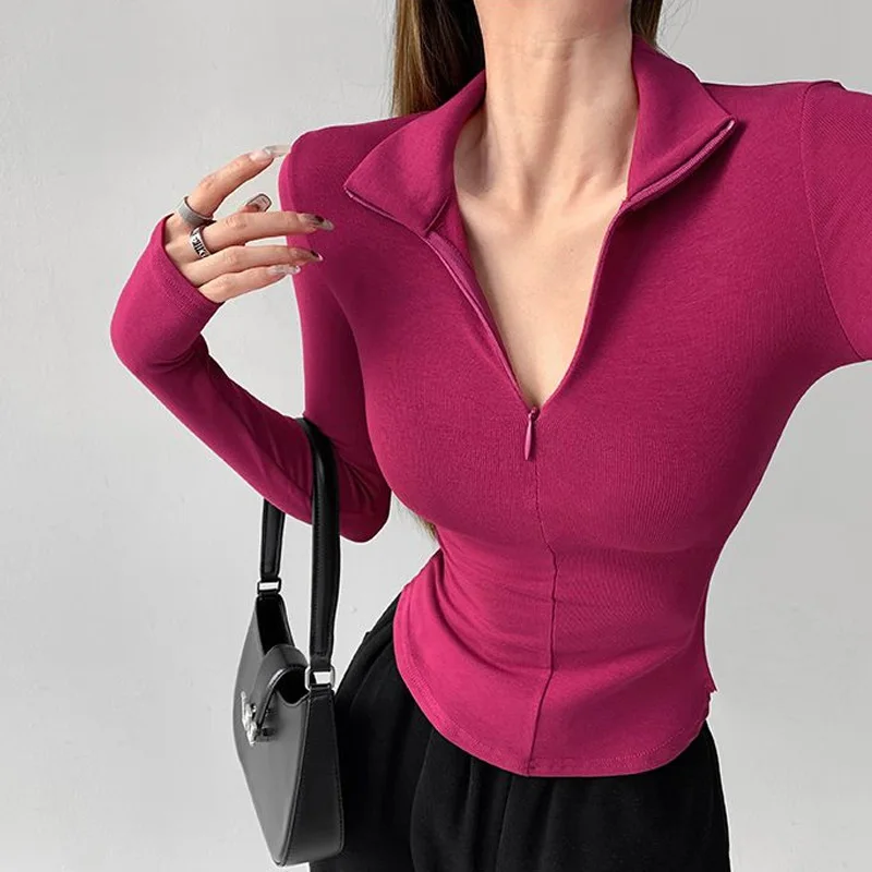 

Fashion Zipper Polo Shirts Women New Spring Autumn Slim Long Sleeve Y2K T-shirt Basics Track Crop Tops Streetwear Girls
