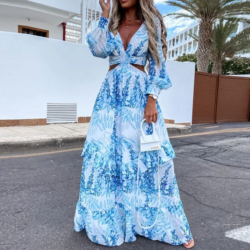 

Women Tunic Beach Cover Up Dress Summer Sexy V-Neck Backless Hollow Out Long Lantern Sleeve Maxi Sundress Beach Elegant Dress
