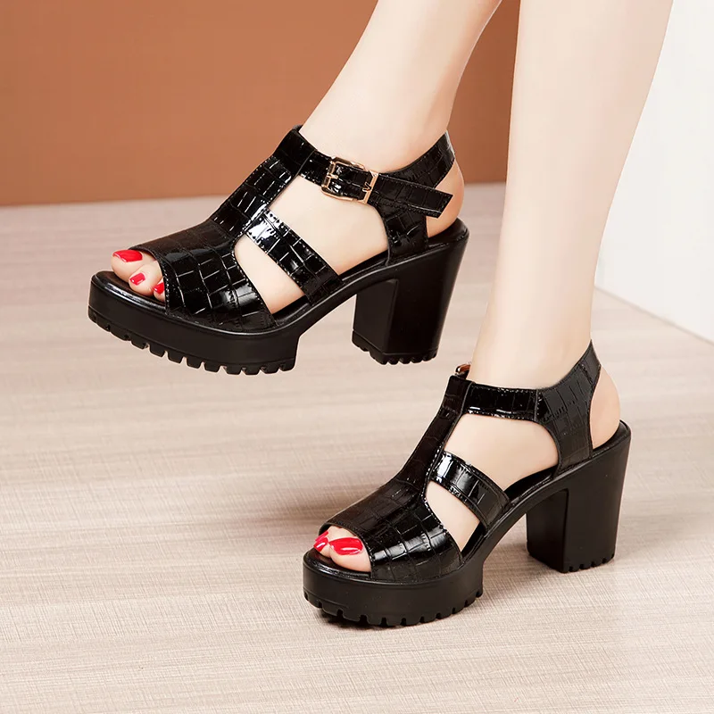 

Small Plus Size 32-43 Block Heel Platform Sandals Patent Leather Summer 2022 Buckle Elegant High Heels Sandals Women Thick Sole