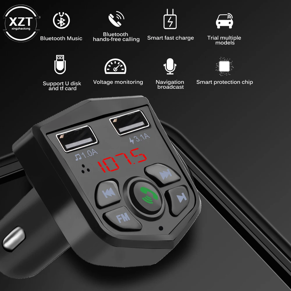 

Bluetooth 5.0 Handsfree Car Kit FM Transmitter 3.1A Quick Dual USB Charger LCD Digital Voltmeter TF Card U disk AUX Player