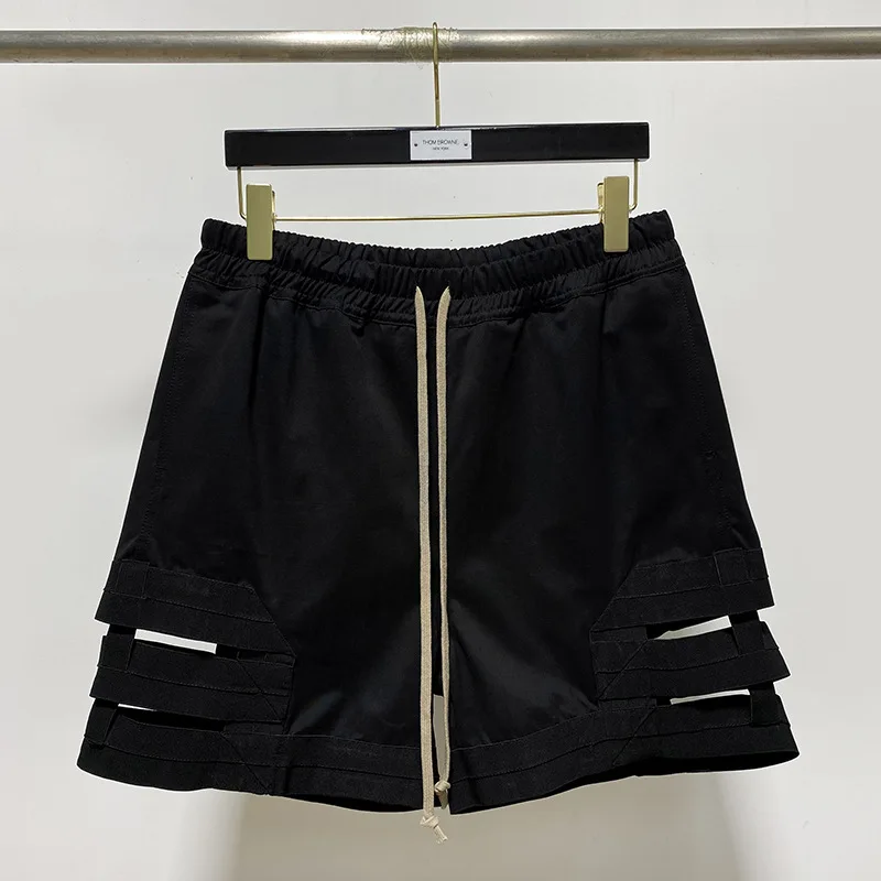 Dark RO Men's Trousers Street Fashion Ribbon Panel Hollow Casual Pants Loose Drawstring Shorts