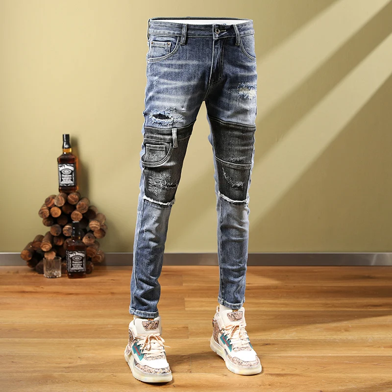 Fashion Designer Men Jeans Retro Blue Elastic Slim Ripped Jeans Men Gray Patched Hip Hop Pants Hombre Spliced Stretch Trousers