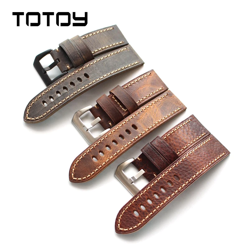 

TOTOY Vintage Cowhide Watchbands, Adaptable Military Watch, Mountaineering Watch, PAM, Leather Strap, 20 22 24 26MM Men's Strap