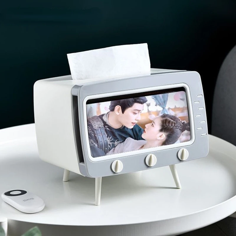 

Multifunctional Tissue Box Creative Desktop TV Drawer Box Retro with Mobile Phone Holder Storage Box Kitchen Accessories