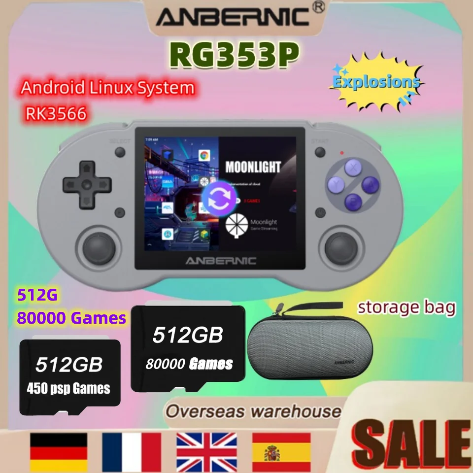 

512G RG353P ANBERNIC Original 80000 Games Handheld Game Android Linux System HDMI Console 3.5 Inch Multi-touch Screen RK3566