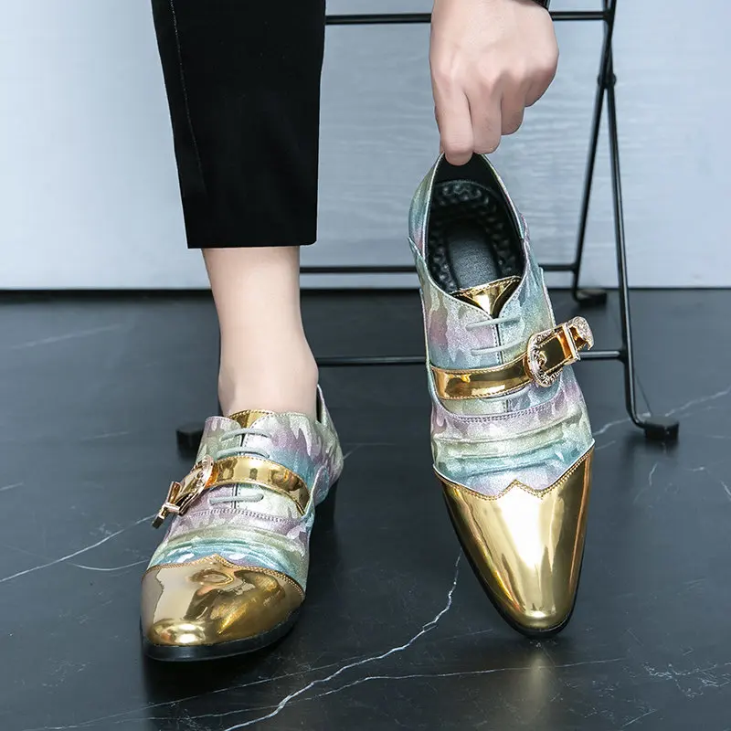 Блестящие золотистые мужские классические туфли в британском стиле с острым