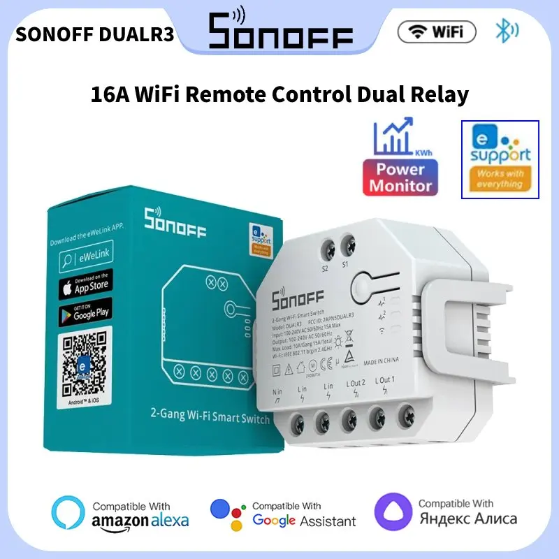 

SONOFF DUALR3 16A WiFi Smart Switch Power Metering Remote Control Dual Relay Two Way Smart Switches Work With Google Home Alexa