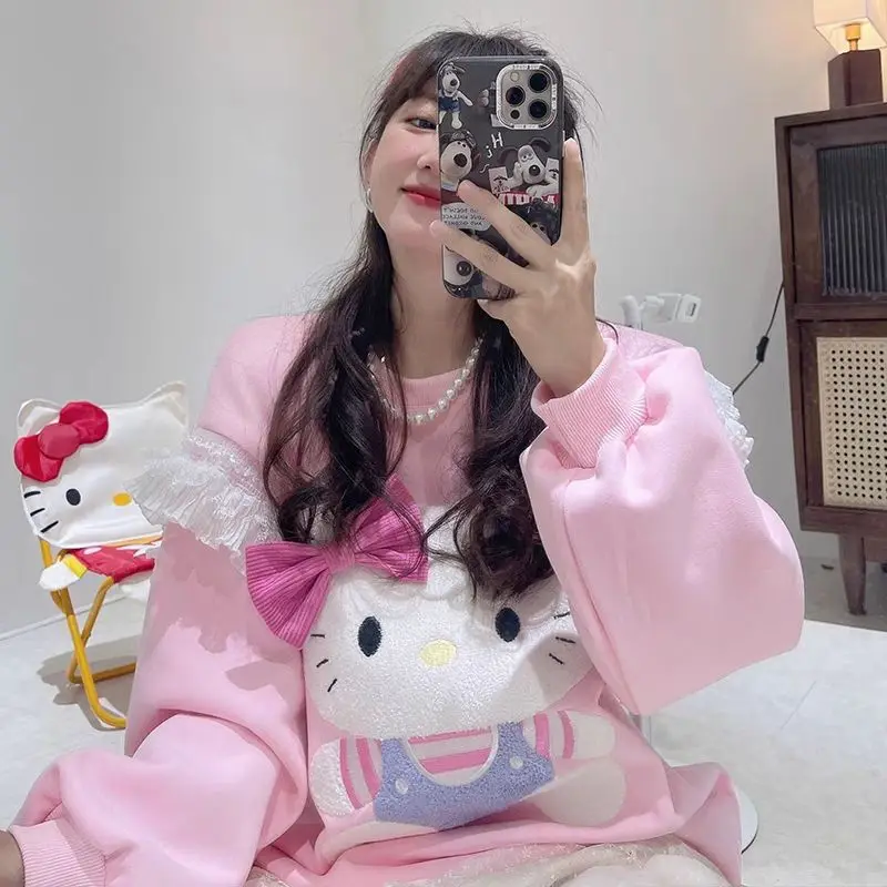 Милые толстовки Hellokitty Kawaii с аниме мультяшным принтом Осень Зима Студенческие