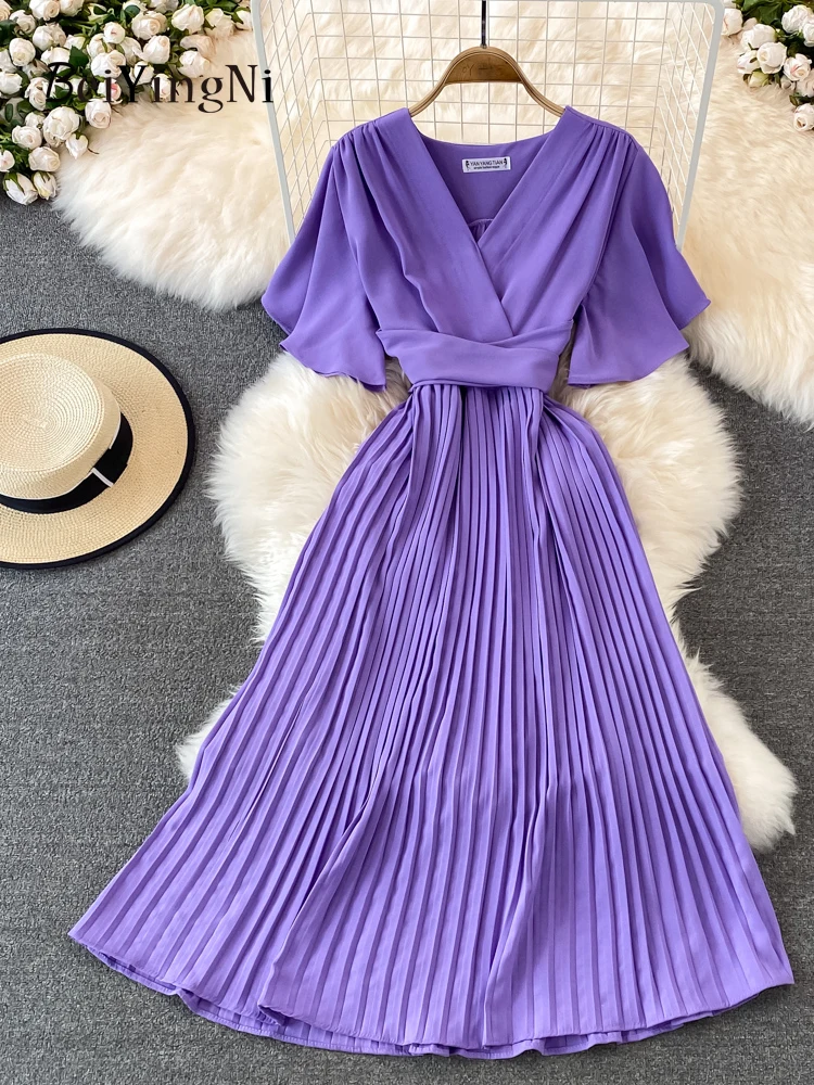 

Beiyingni 2023 Summer Korean Women Dress Plain Sexy Elegant V-neck Pleated Short Sleeve Dresses Office Lady Sashes Fashion Robes