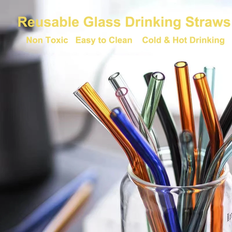 

8Pcs Colorful Reusable Bent & Straight Glass Straws 8mm Glass Drinking Straw for Smoothies Beverages Shakes with Cleaning Brush