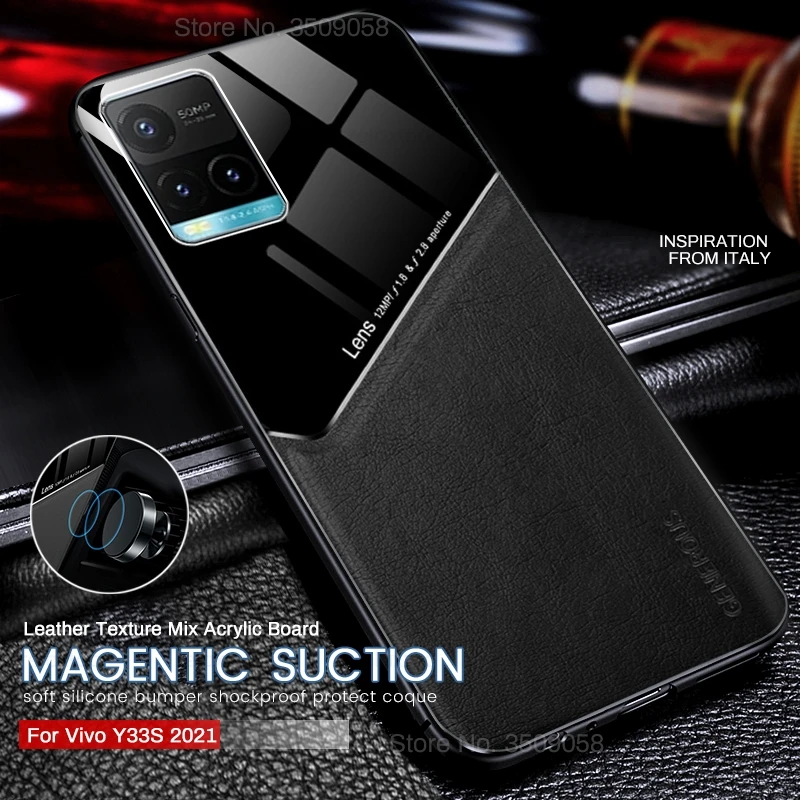 

Car Magnetic Holder Leather Texture Phone Case Cover For Vivo Y33s Y 33s 33 s 2021 4G V2109 6.58" TPU Soft Frame Protect Coque