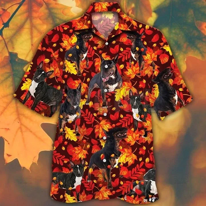 

Bull Terrier Autumn Red Leaves Hawaiian Shirt t3D All Over Printed T Shirts Funny Dog Tee Tops shirts Unisex Tshirt