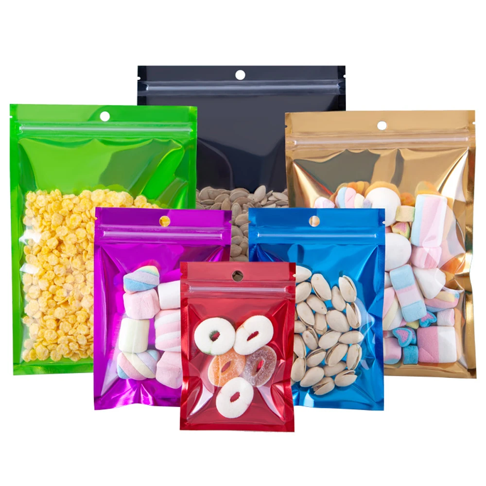

100Pcs/Lot Clear Plastic Colorful Aluminum Foil Zip Lock Bag with Hang Hole Self Grip Seal Tear Notch Reusable Food Pack Pouches