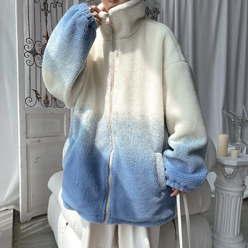 Winter Jacket Men Warm Fashion Gradient Thickened Lamb Wool Jackets Mens Korean Loose Thick Short Coat Men Plush Coat Clothes