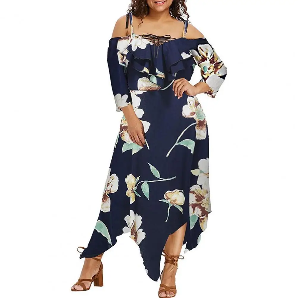 

Plus Size Dresses Loose Fit Dress Floral Chiffon Midi Dress Off Shoulder Lace-up Front Irregular Hem Loose Fit Plus Size Dress