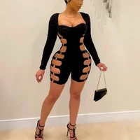 new chic cut out rings details ruched romper skinny padded women tights fitness biker shorts jumpsuits workout overalls clubwear