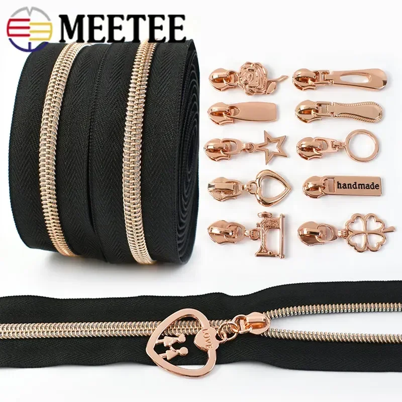 

2/3/4M 5# Nylon Zipper Tape+RoseGold Zippers Sliders For Sewing Bag Zips Head Garment Zip Pull Repair Kit DIY Sewing Accessories