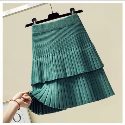 Женская трикотажная юбка с высокой талией, плиссированная юбка в Корейском стиле с эластичной талией, весна-осень