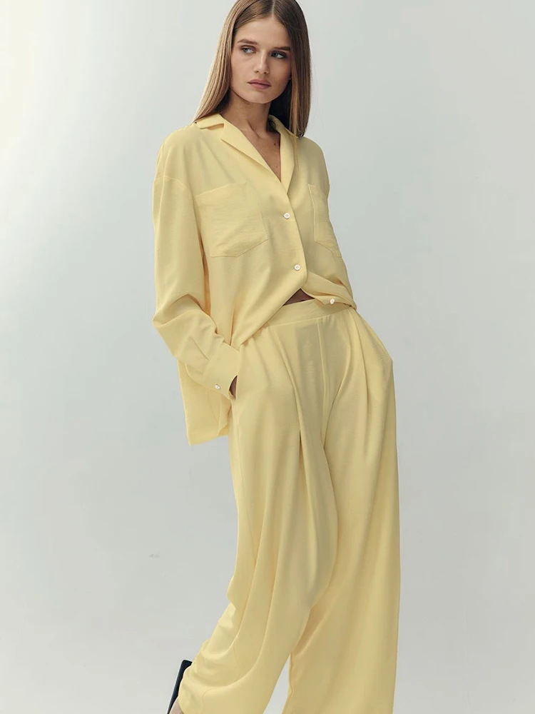 

Linad Loose Women's Home Clothes 2 Piece Sets Yellow Long Sleeve Pajamas Female Trouser Suits 2023 Summer Casual Sleepwear