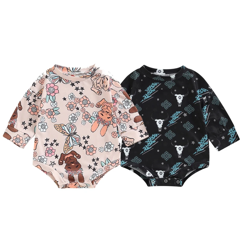

Easter Infant Girls Romper Sweatshirts Floral Rabbit/Egg Carrot Print Long Sleeve Crew Neck Ribbed Jumpsuits Baby Bodysuits