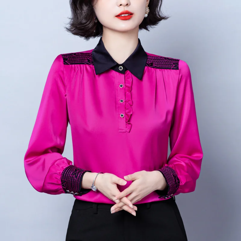 

Женские рубашки с вышивкой, блузки с воротником «Питер Пэн», блузка с длинными рукавами с оборками, женские шелковые топы на пуговицах, женс...