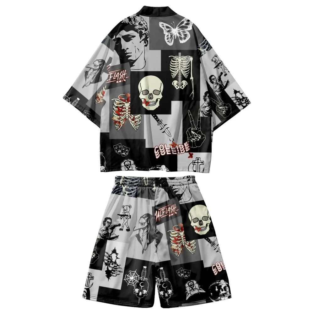 Комплект из 2 предметов юката и шорты кардиган с принтом скелета в японском стиле
