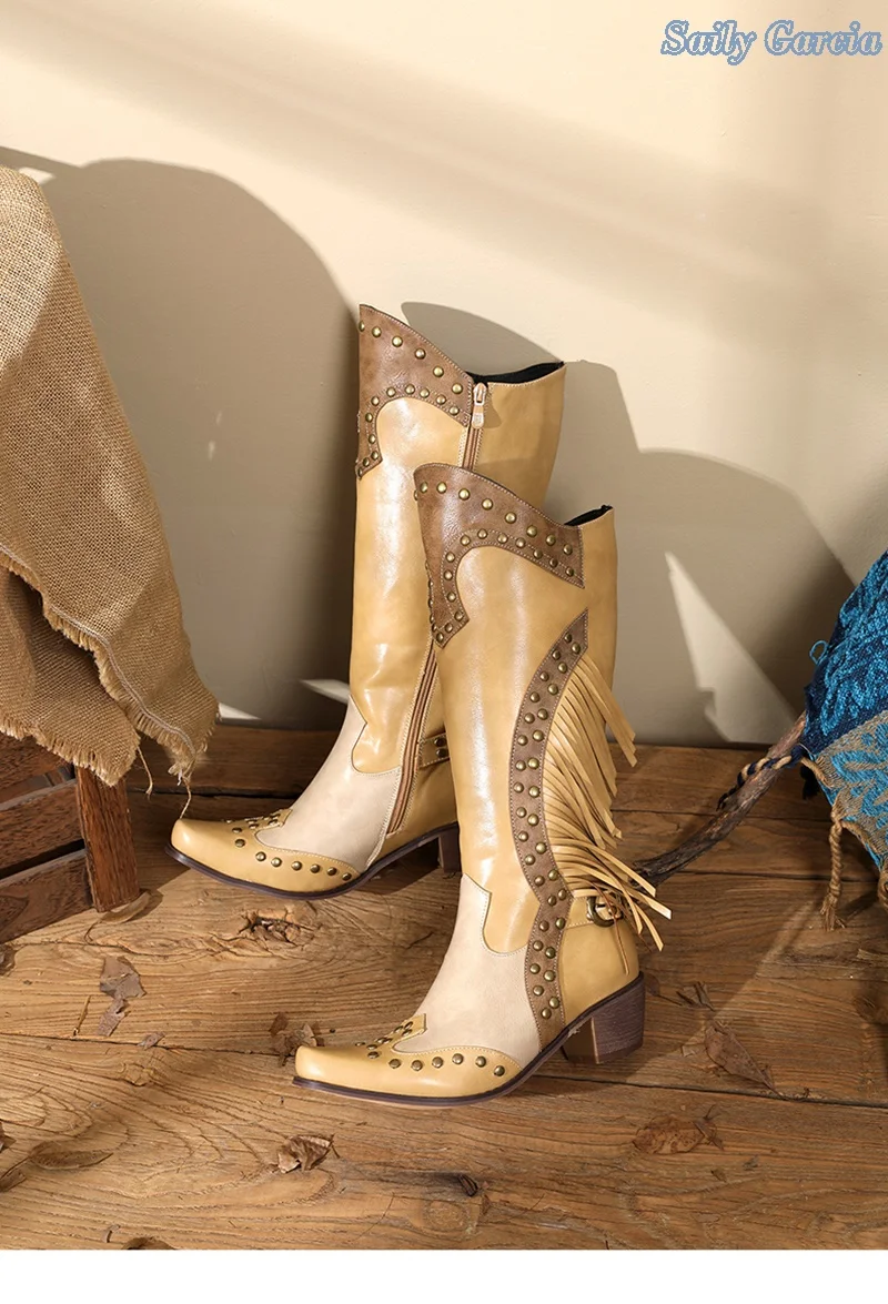 Уникальные рыцарские винтажные Ковбойские Сапоги выше колена с бахромой на