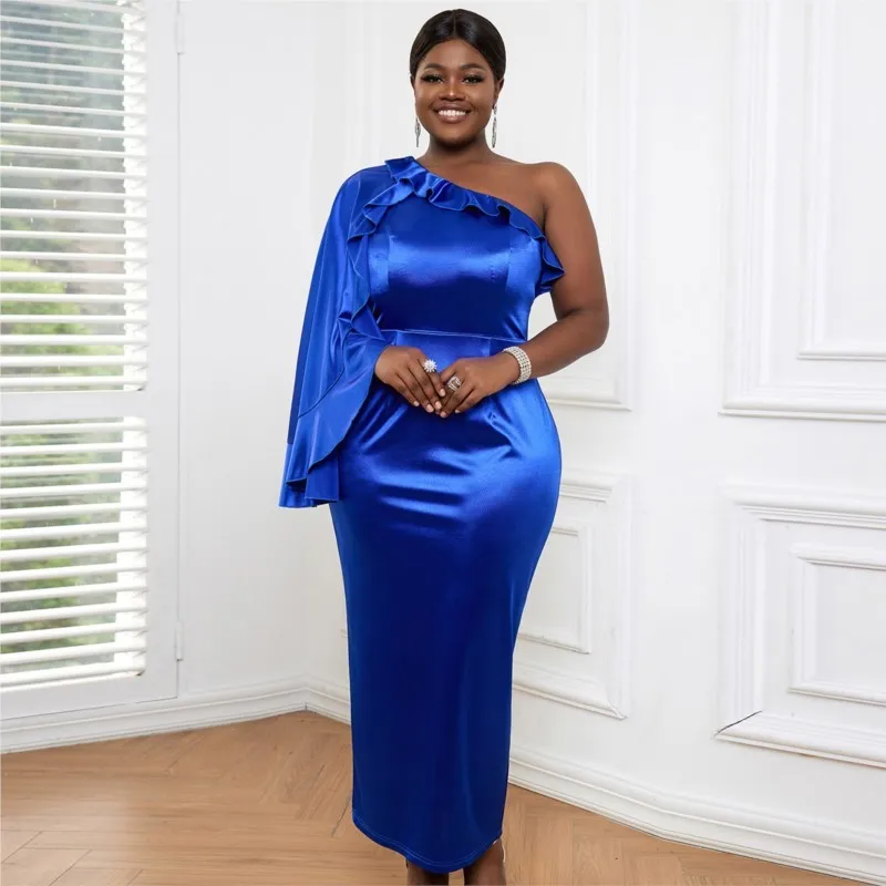 

Синее платье на одно плечо с одним рукавом и косым воротником, банкетное платье большого размера, макси африканские платья для женщин, Осенние халаты из Анкары 2023