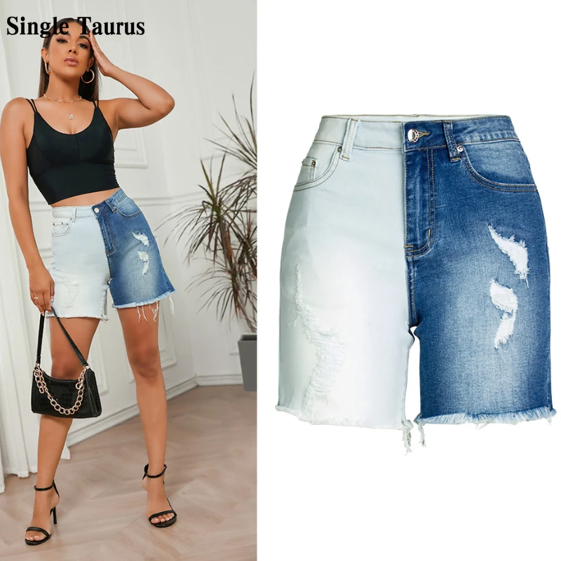 

High Waist Stretch Slim Colorblocking High Waist Denim Shorts Fashion Street Wear Casual Spandex Jeans Shorts Womens Clothing