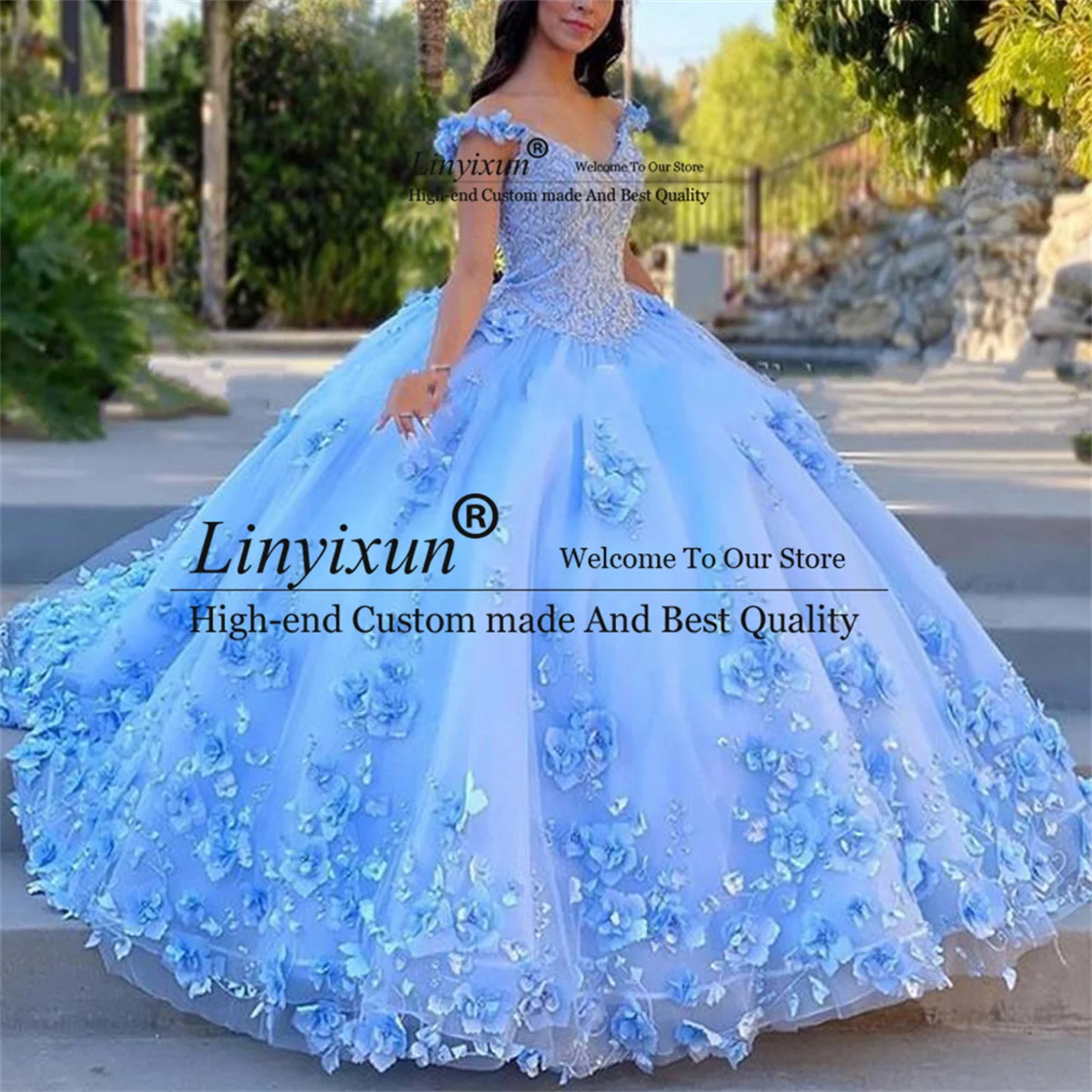 

Ball Gown V Neck 3D Flowers Quinceanera Dresses Appliques Lace Beaded Corset Sweet 15 16 Dress Court Train Vestidos de 15 años