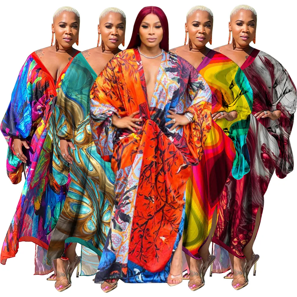 

Женские платья с длинным рукавом, V-образным вырезом и принтом из искусственного шелка, Осень-зима 2023