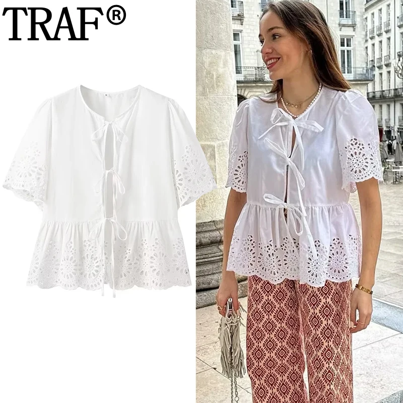 Женская укороченная блузка с вышивкой коротким рукавом и оборками