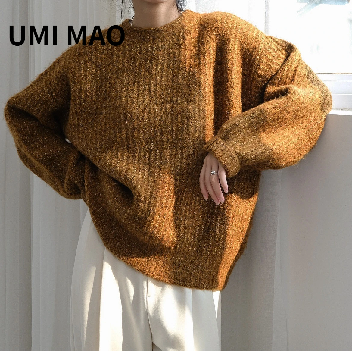 

UMI MAO Autumn Winter New Korean Retro Slouchy Silhouette Mixed Color Sweater Warm Loose Slim Soft Warm Top Women's Thick